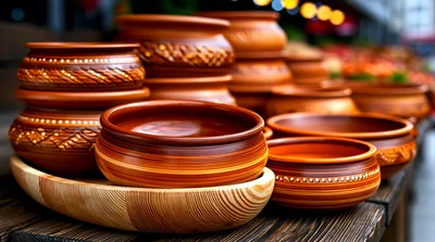 Handcrafted Clay Pottery Bowls On Wooden Display