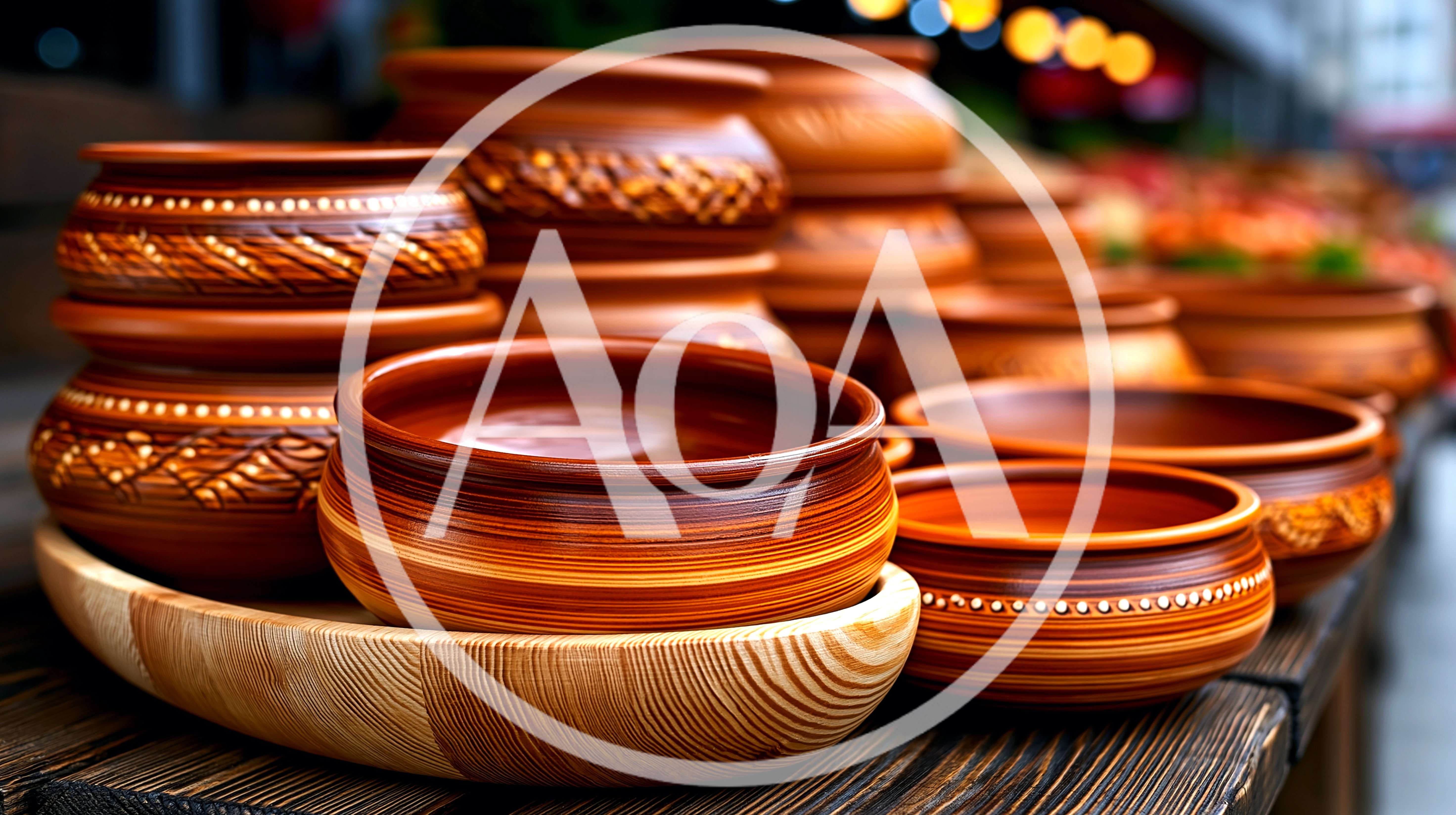 Handcrafted Clay Pottery Bowls On Wooden Display