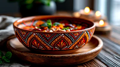 Traditional Clay Bowl With Spicy Stew On Wooden Tray