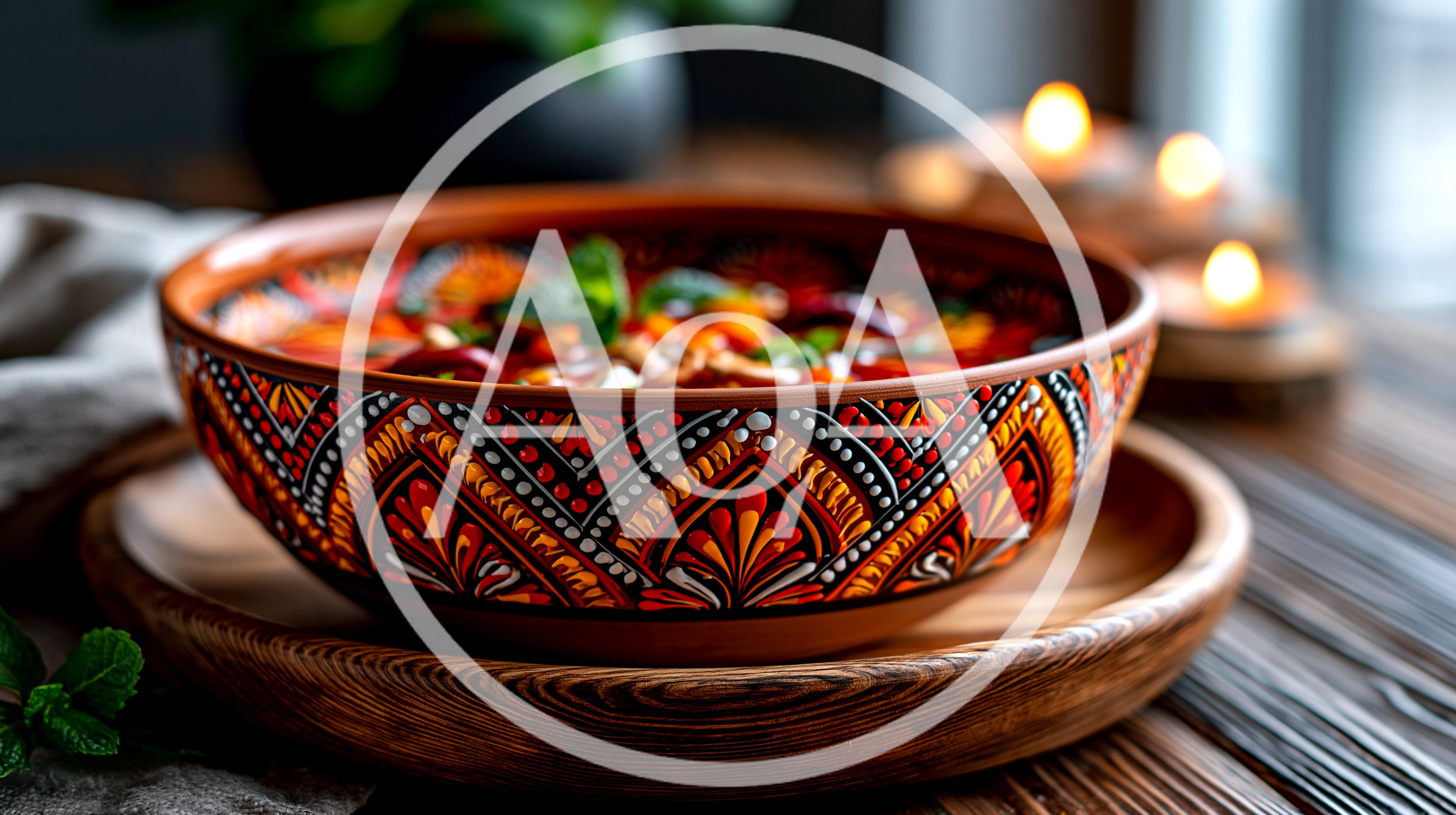 Traditional Clay Bowl With Spicy Stew On Wooden Tray