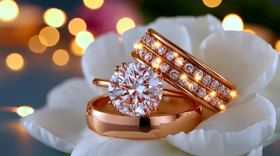 Rose Gold Diamond Engagement Rings On White Flower