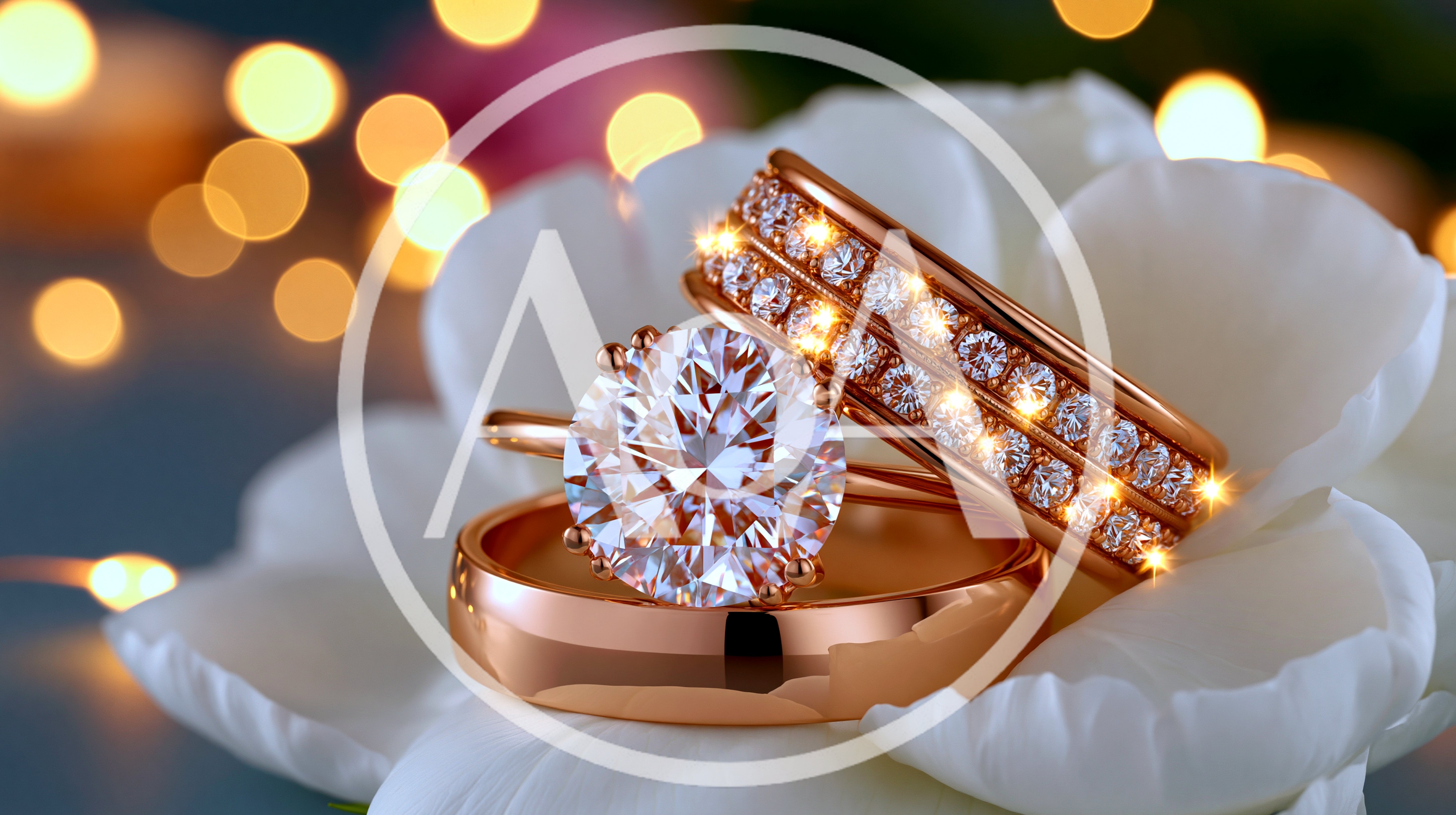 Rose Gold Diamond Engagement Rings On White Flower