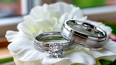 Two Wedding Rings Resting On A White Flower