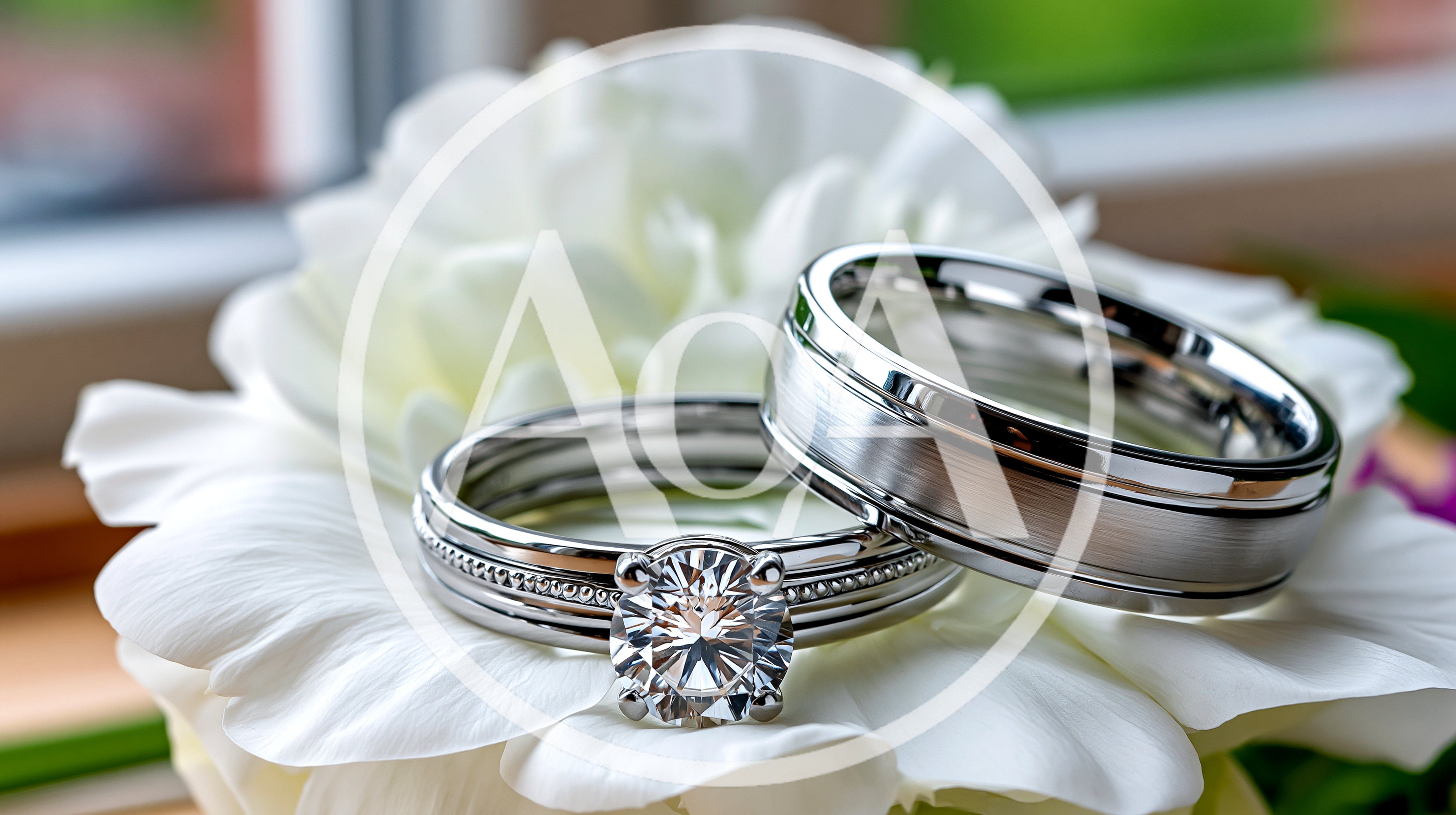 Two Wedding Rings Resting On A White Flower