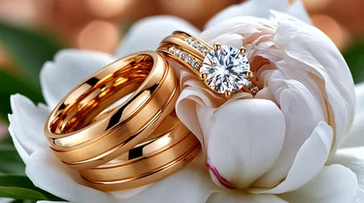 Gold Wedding Rings Resting On A White Peony