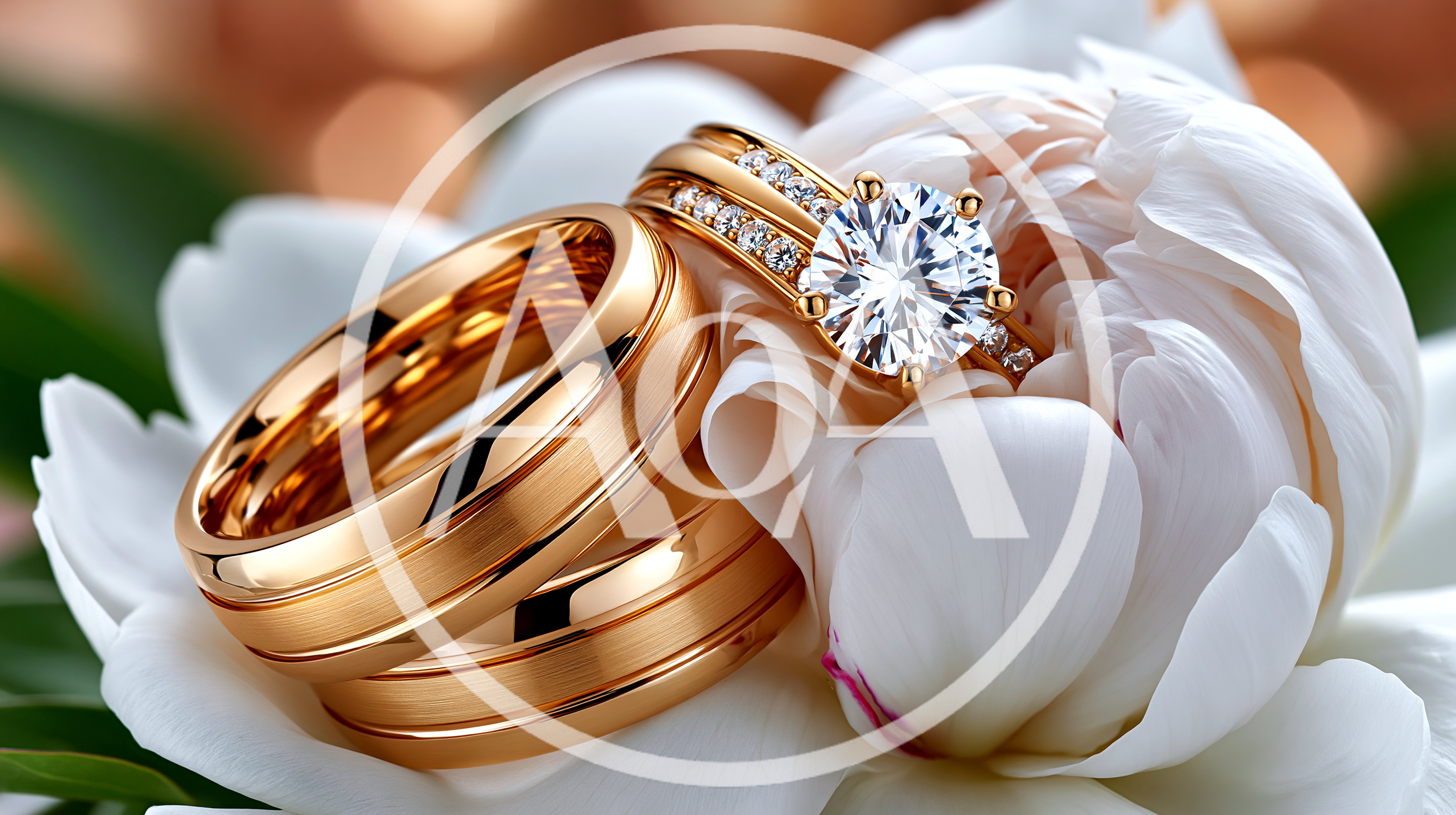 Gold Wedding Rings Resting On A White Peony