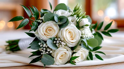 Elegant White Rose Wedding Bouquet On Fabric