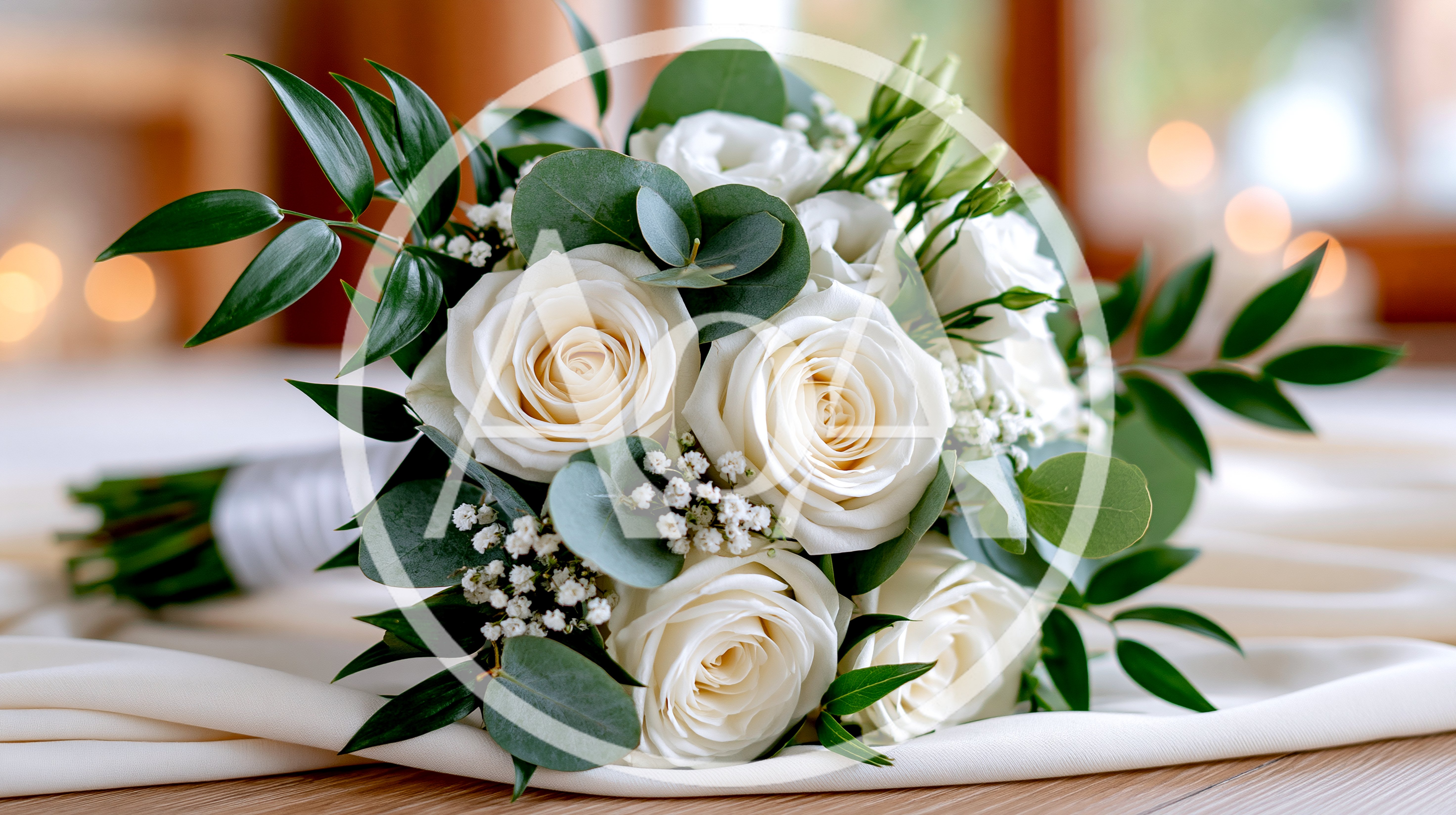 Elegant White Rose Wedding Bouquet On Fabric