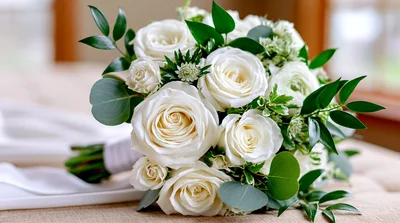 Elegant White Rose Wedding Bouquet With Greenery