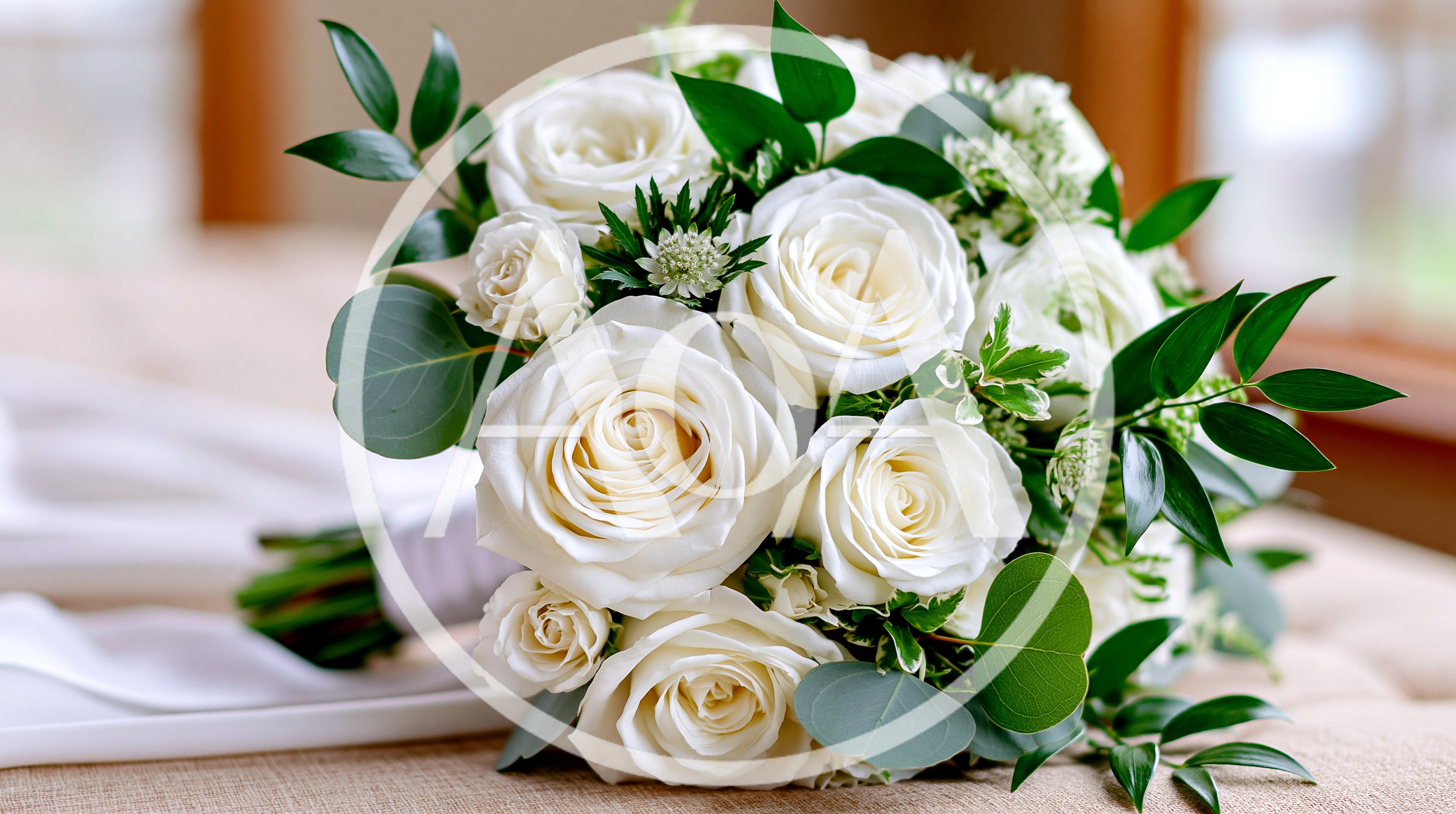 Elegant White Rose Wedding Bouquet With Greenery