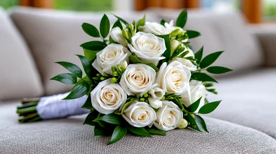 Elegant White Rose Wedding Bouquet On Fabric Sofa