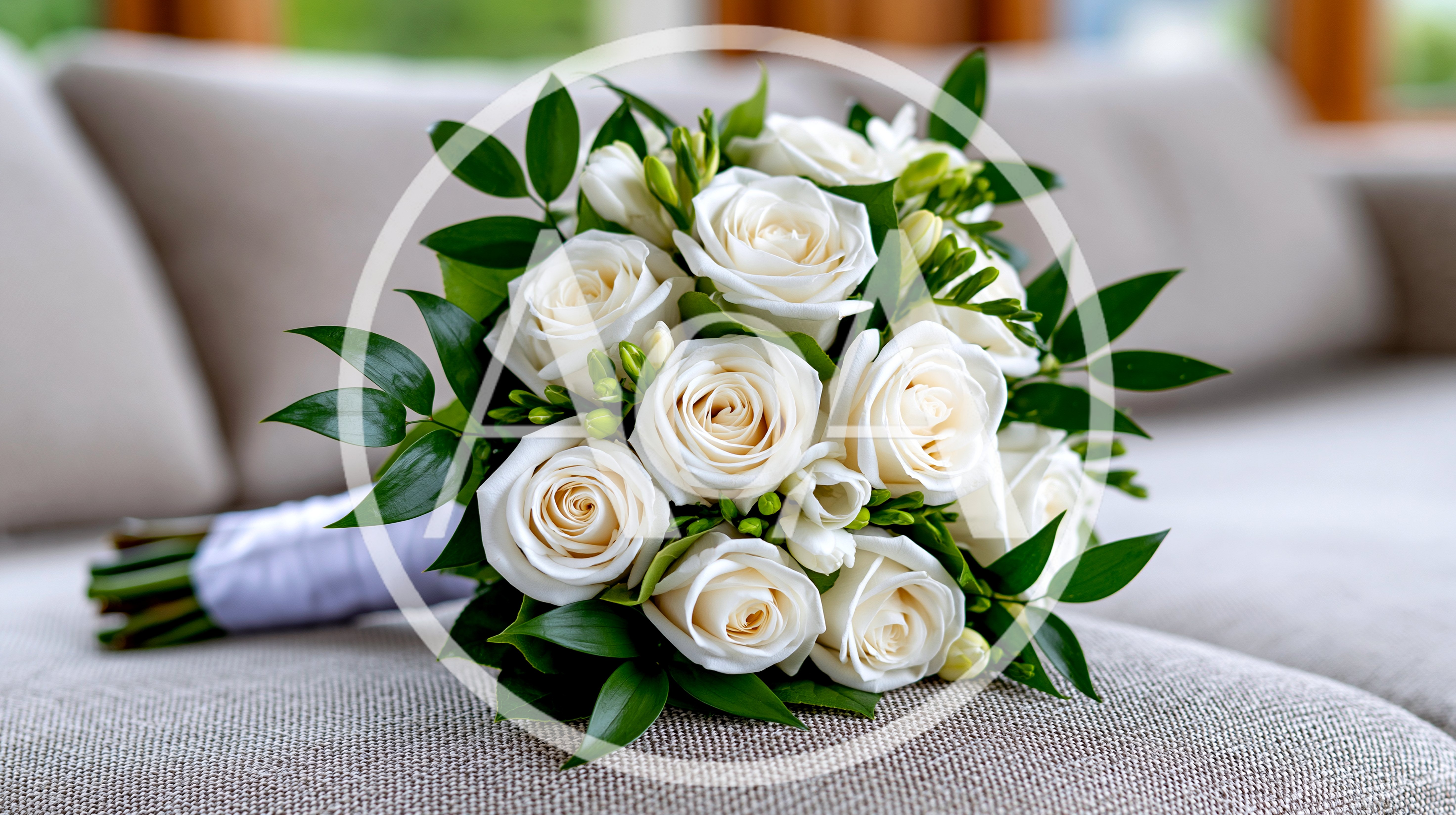Elegant White Rose Wedding Bouquet On Fabric Sofa