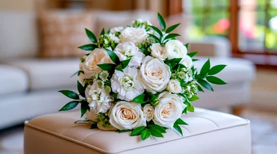 Elegant White Rose Wedding Bouquet On Ottoman