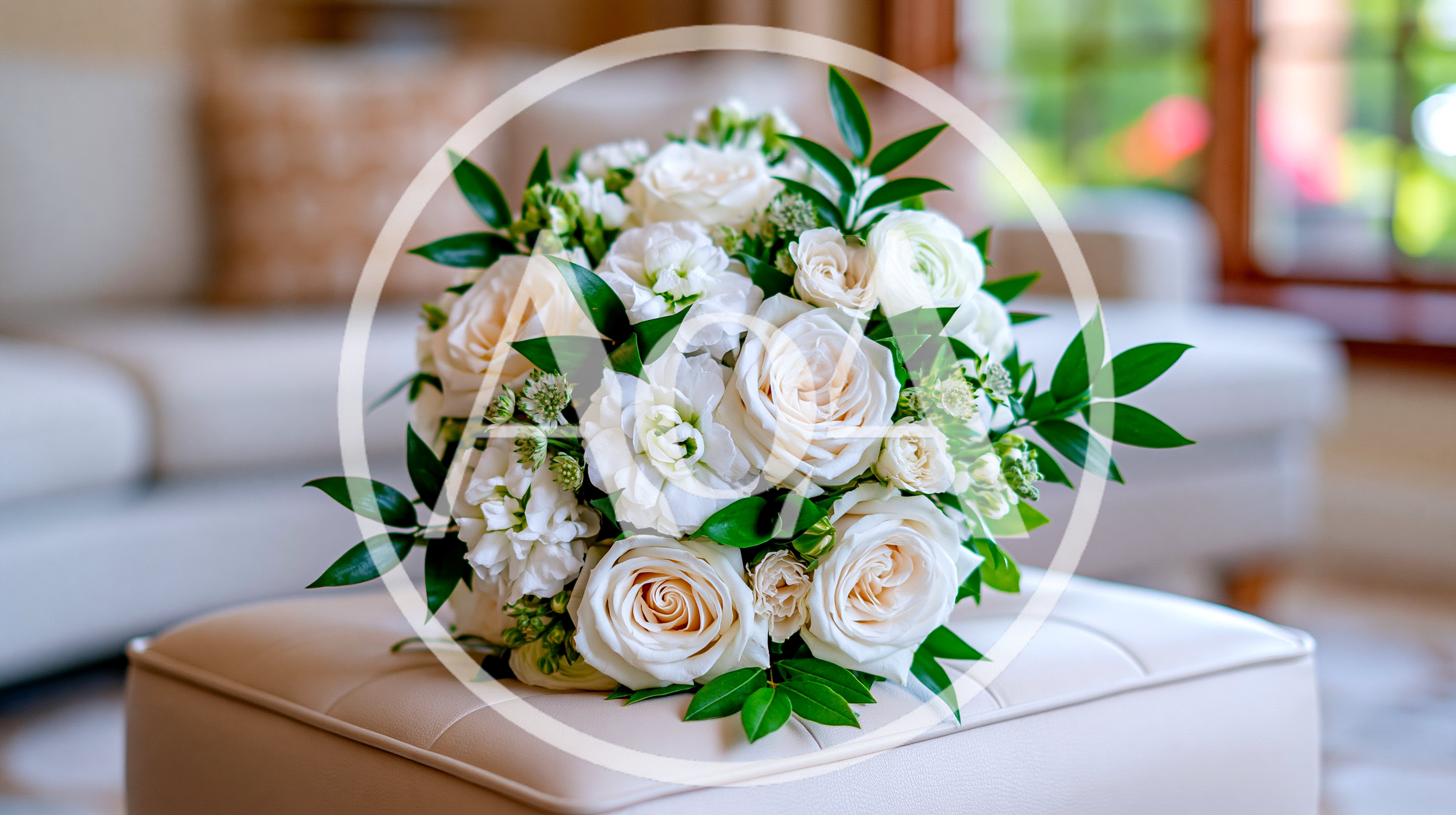 Elegant White Rose Wedding Bouquet On Ottoman
