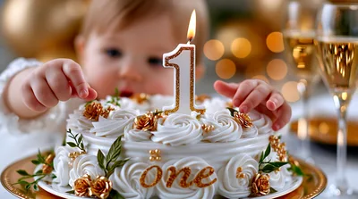 Baby Celebrating First Birthday With Cake