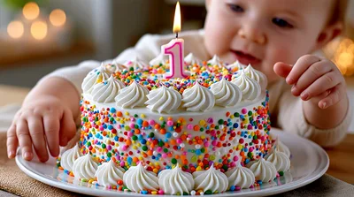 Baby Reaching For First Birthday Cake With Candle