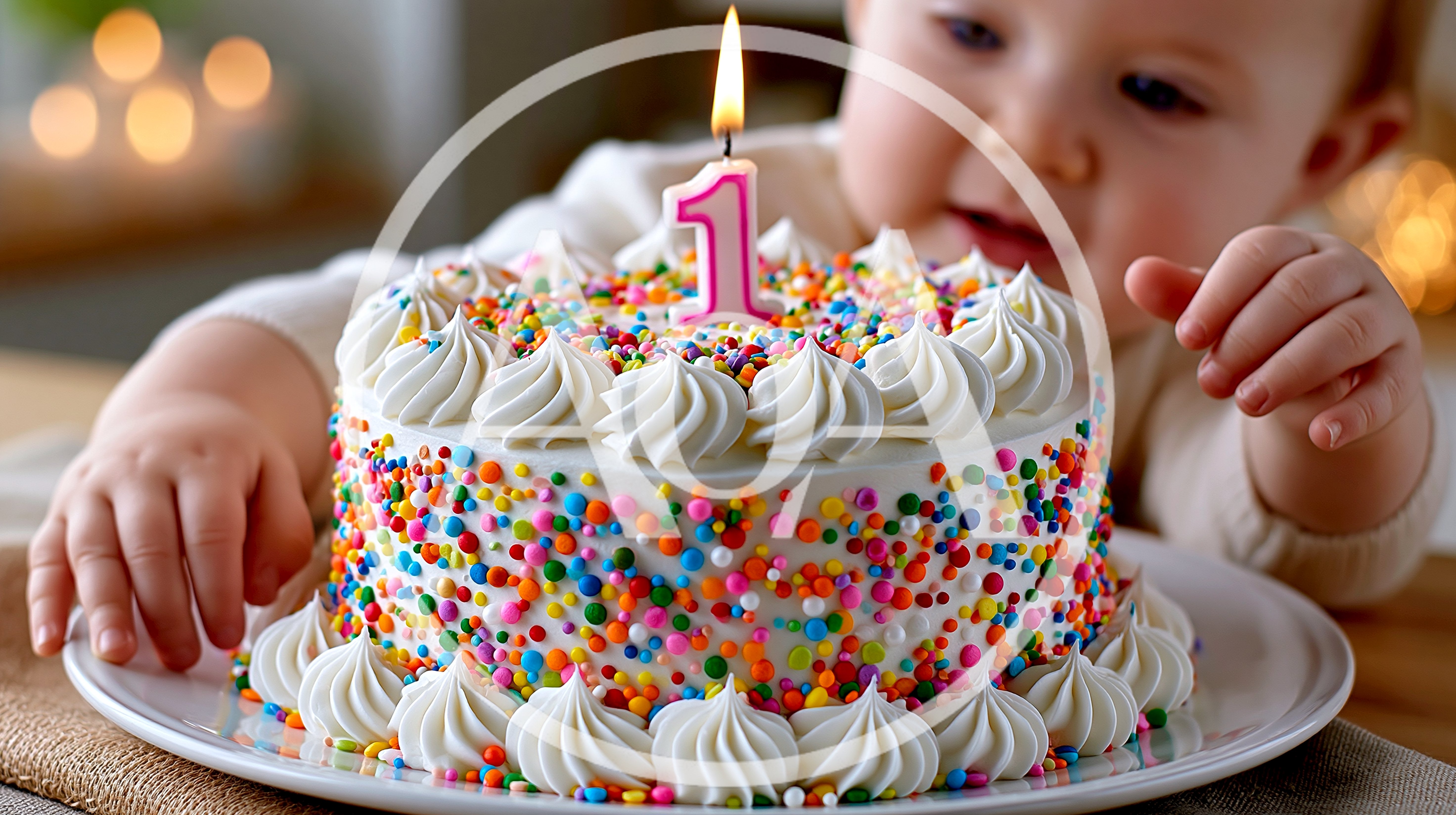 Baby Reaching For First Birthday Cake With Candle