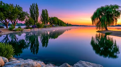 Serene Lake Landscape At Sunset With Weeping Willow