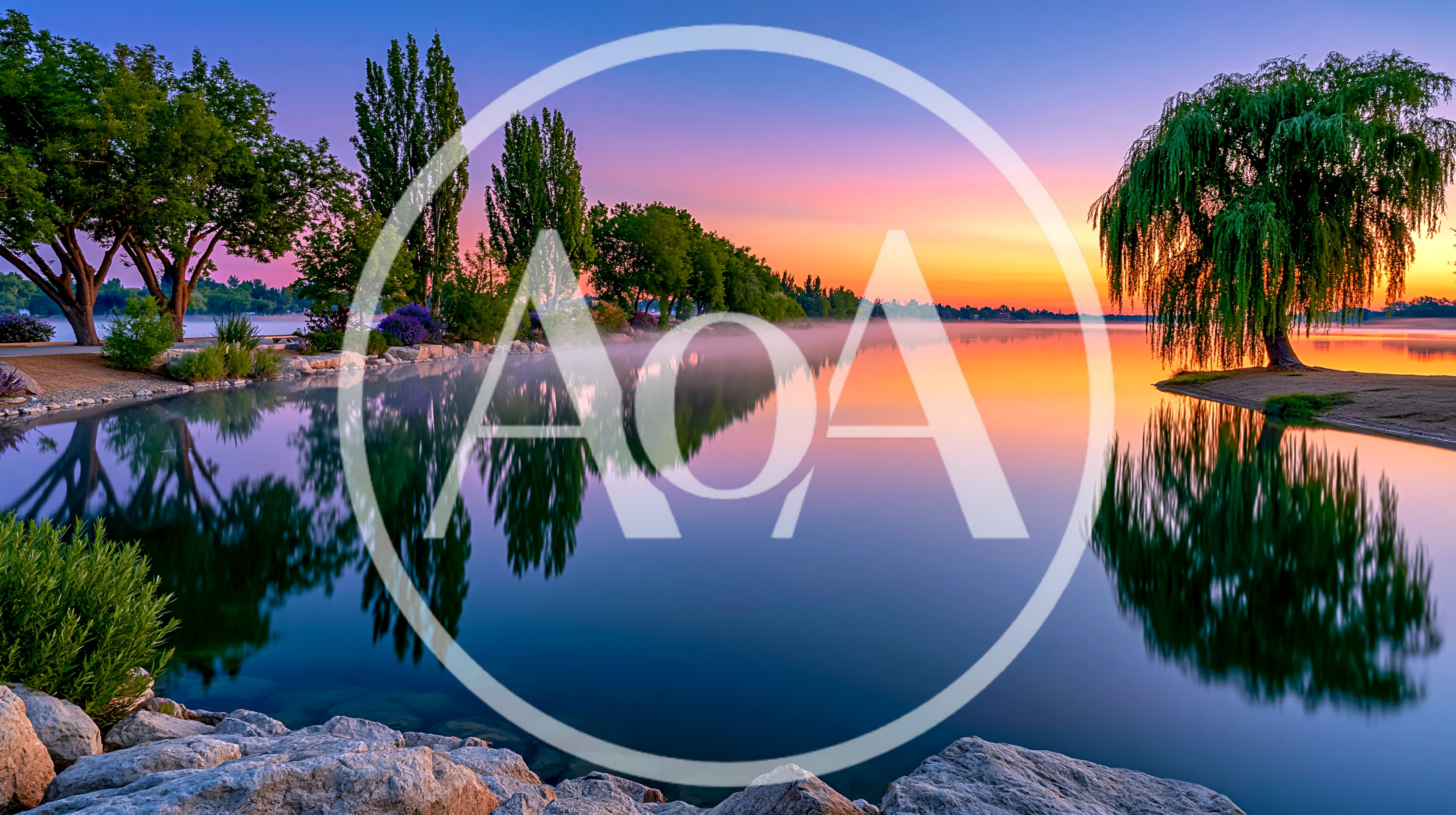 Serene Lake Landscape At Sunset With Weeping Willow