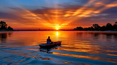 Lone Person Rowing Small Boat At Sunset