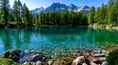 Crystal Clear Alpine Lake With Mountain Backdrop