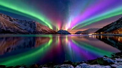 Vibrant Aurora Borealis Over Snowy Mountain Lake