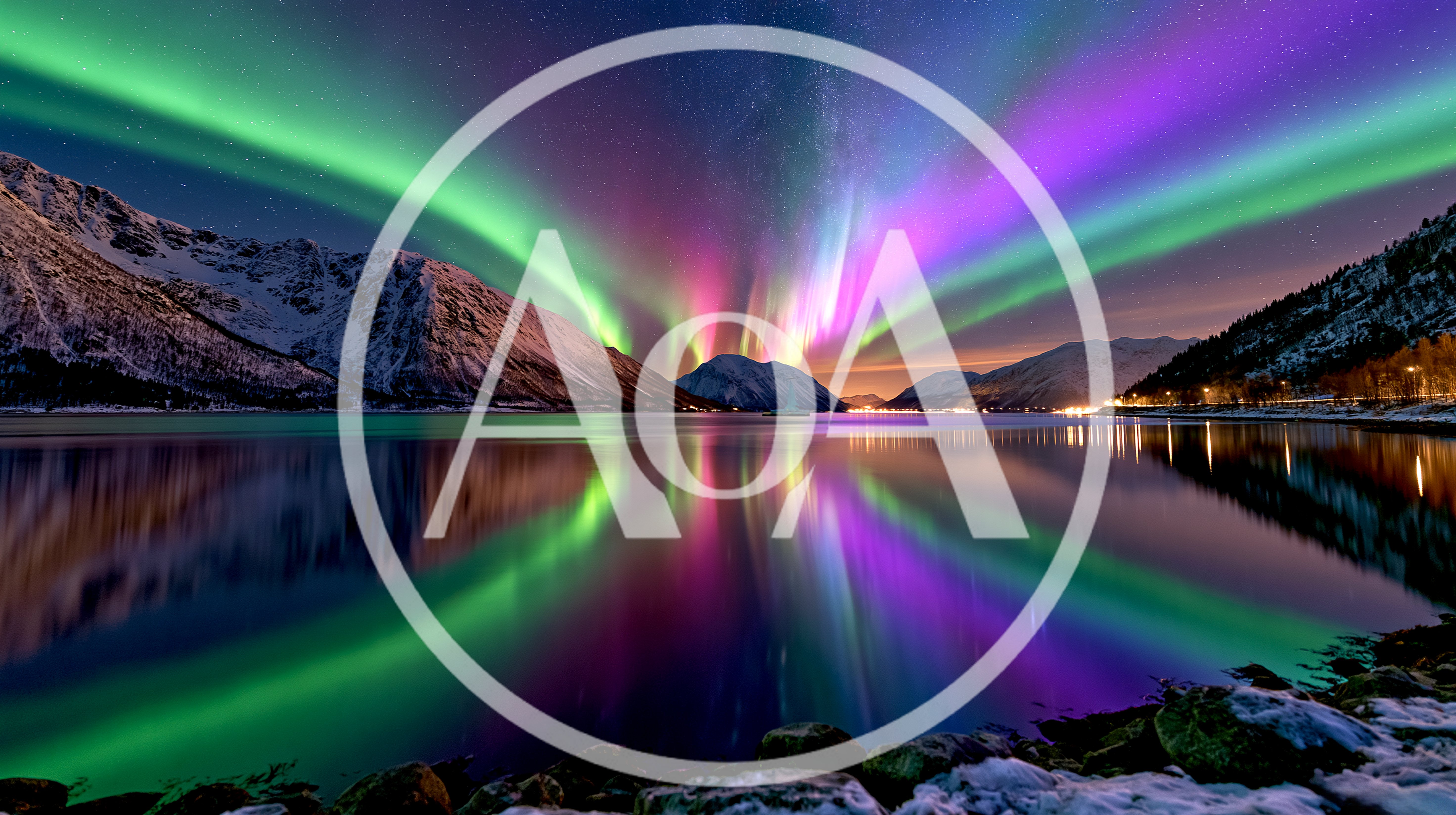 Vibrant Aurora Borealis Over Snowy Mountain Lake