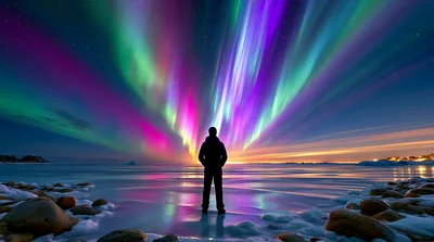 Silhouette Of A Person Standing Under Vibrant Northern Lights