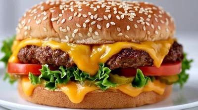 Close Up Of A Delicious Cheeseburger On A Plate
