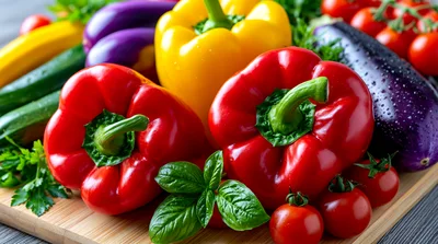 Fresh Vegetables Arranged On A Wooden Cutting Board