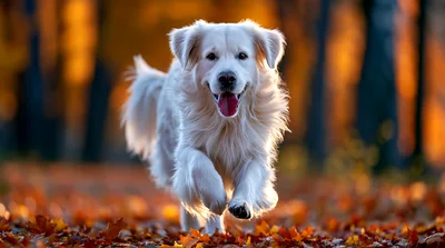 Happy Golden Retriever Running Through Autumn Leaves
