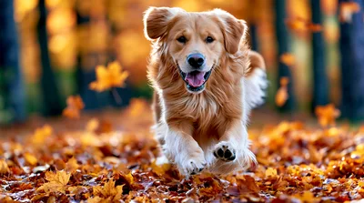 Golden Retriever Running Through Autumn Leaves