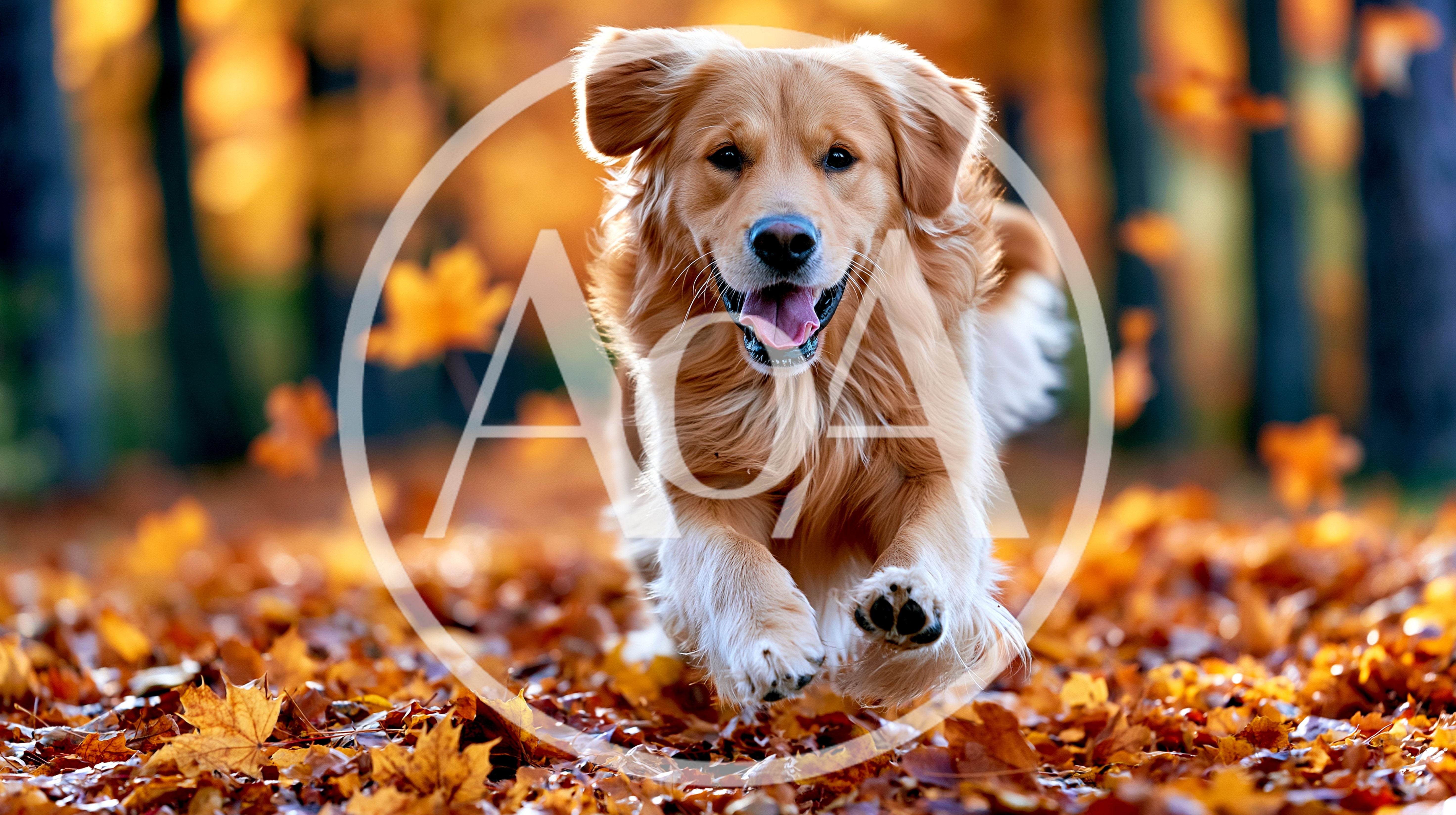 Golden Retriever Running Through Autumn Leaves