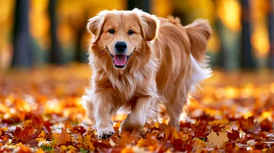 Golden Retriever Running Through Autumn Leaves