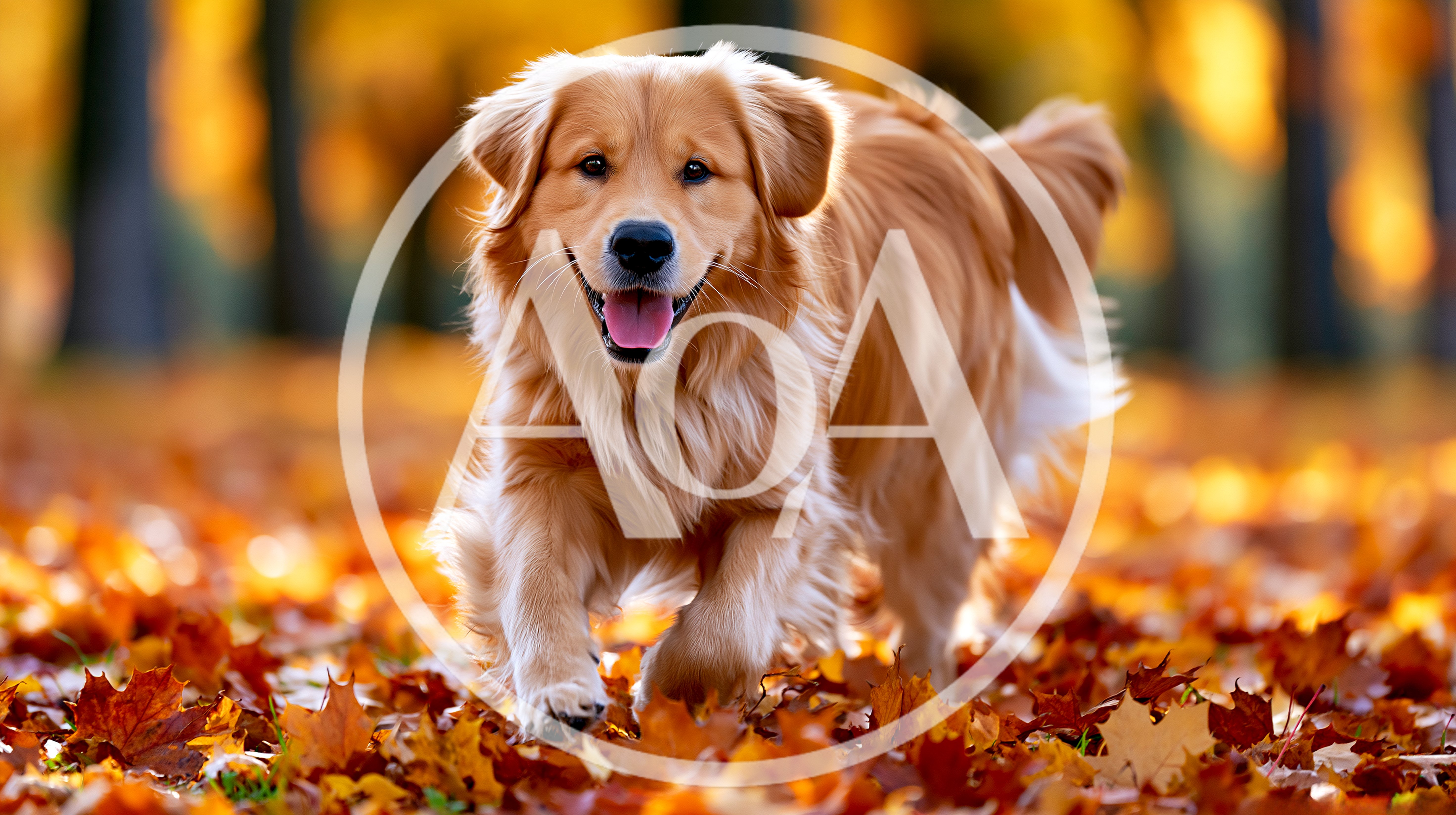 Golden Retriever Running Through Autumn Leaves