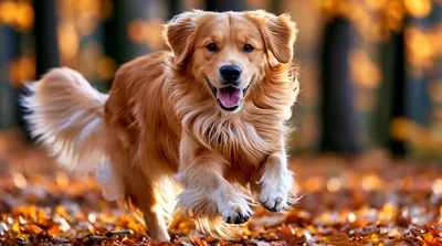 Golden Retriever Running Through Autumn Leaves