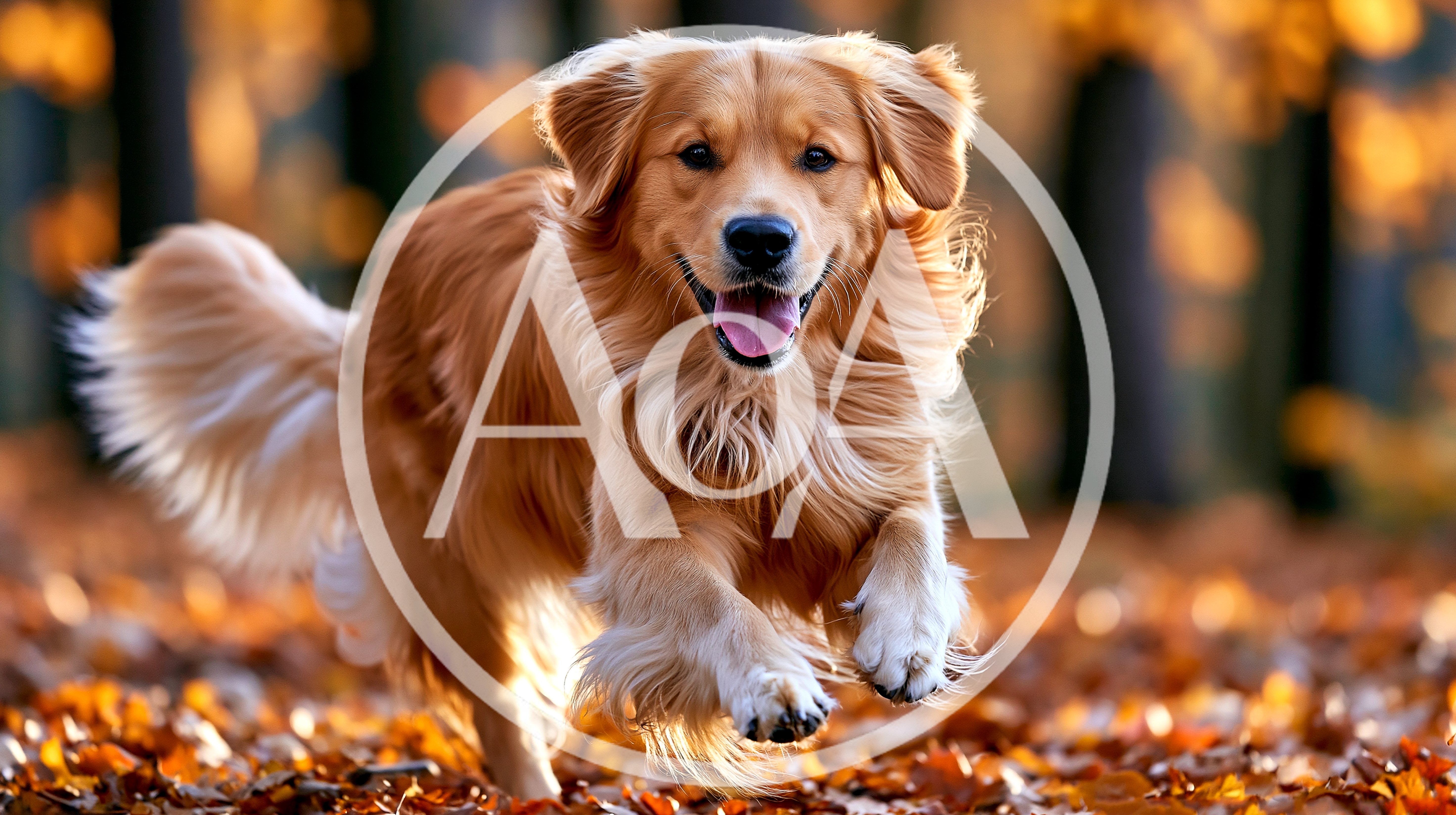 Golden Retriever Running Through Autumn Leaves