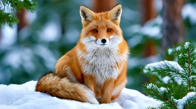 Red Fox Sitting In Snowy Winter Forest