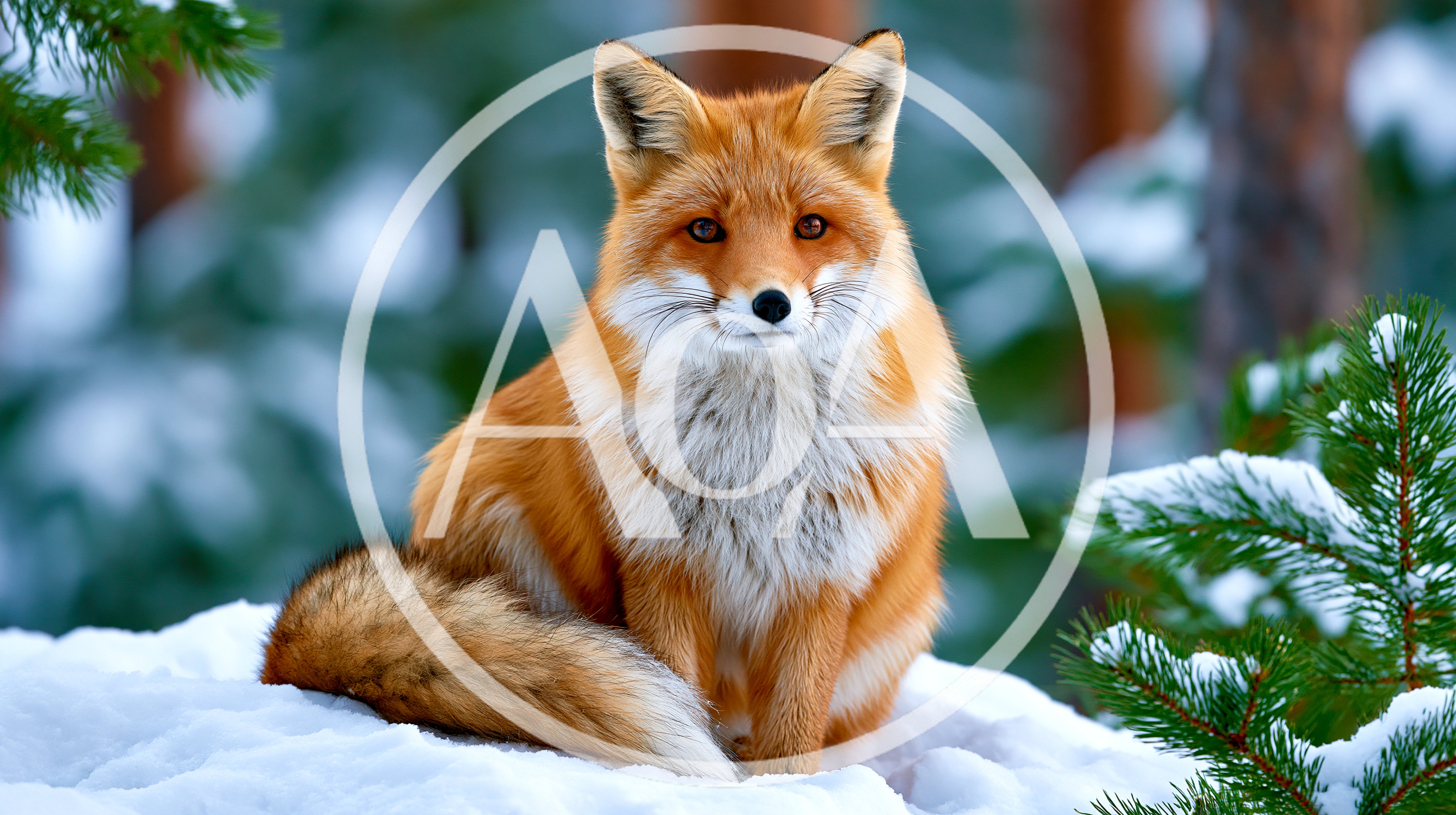 Red Fox Sitting In Snowy Winter Forest