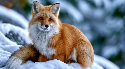 Red Fox Sitting In Snowy Winter Landscape