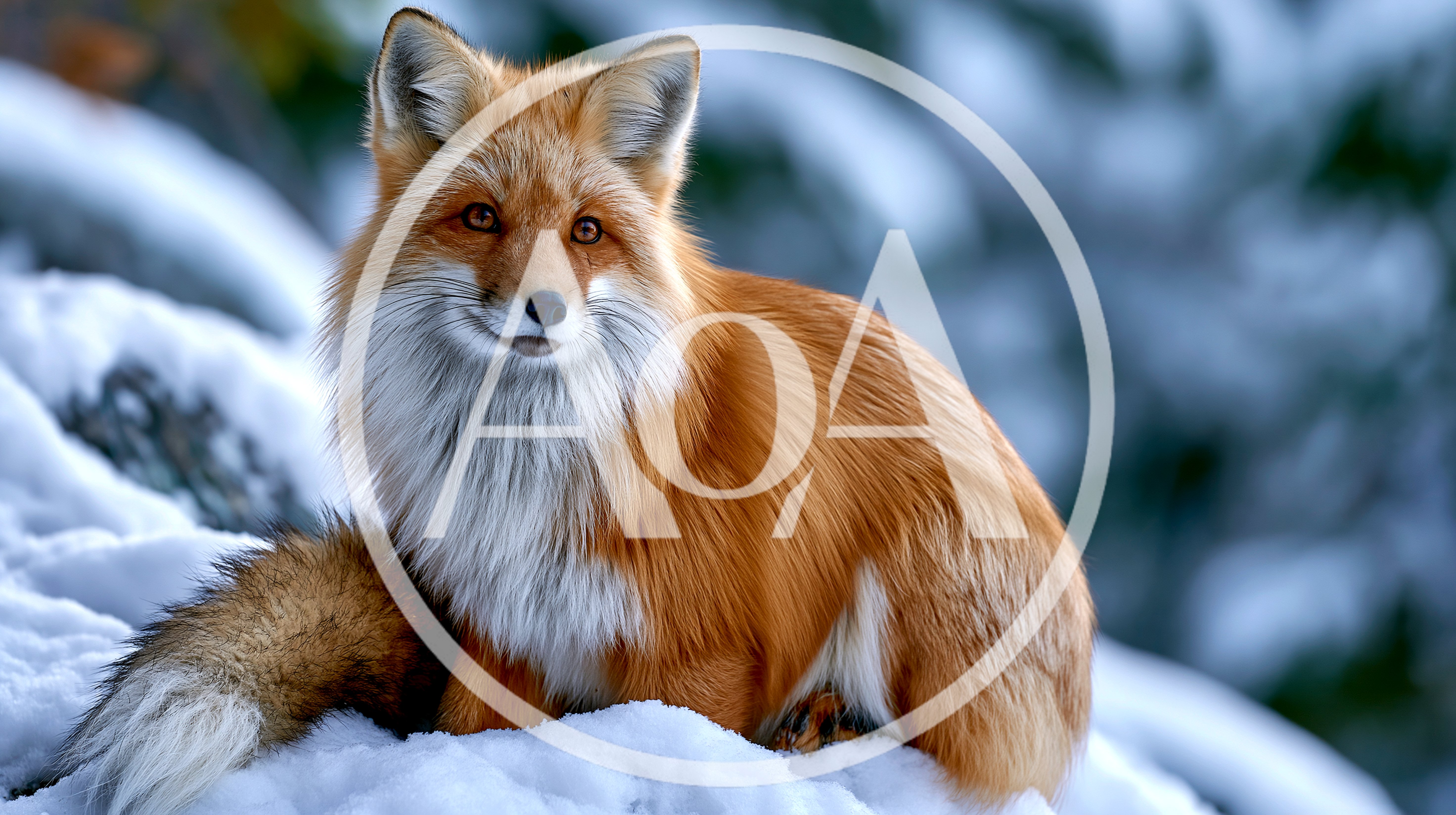 Red Fox Sitting In Snowy Winter Landscape