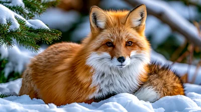 Red Fox Resting In Snowy Forest