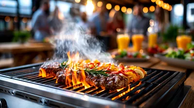 Steaks Grilling Over Open Flames At Outdoor Party