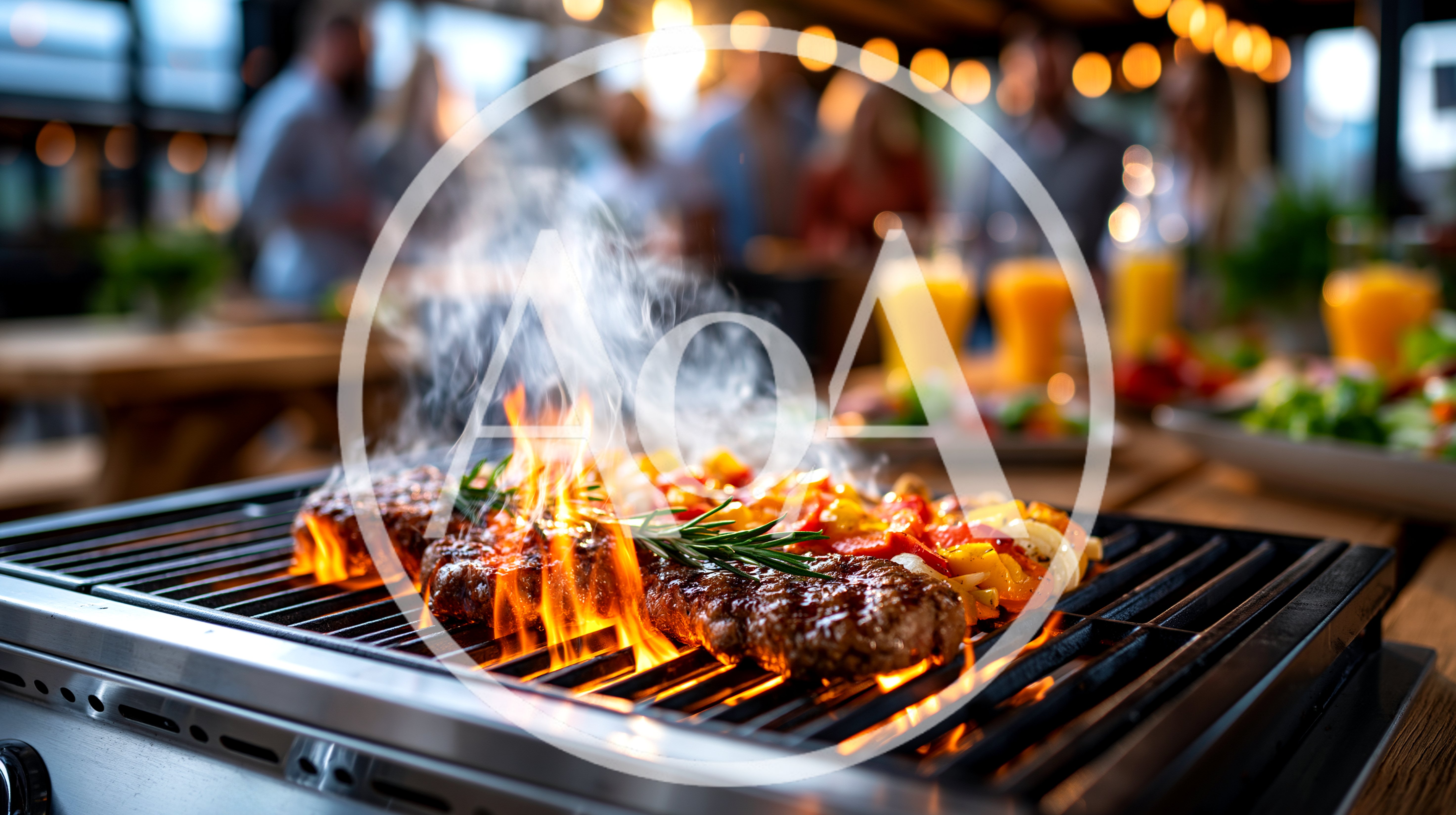 Steaks Grilling Over Open Flames At Outdoor Party