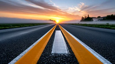 Empty Asphalt Road Leading Toward A Golden Sunrise