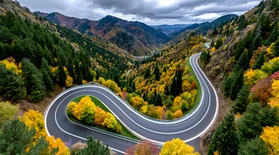 Winding Mountain Road Through Autumn Forest Landscape