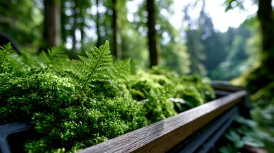 Small Fern Growing In A Mossy Wooden Planter