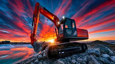 Orange Excavator Parked On Rocky Terrain At Sunset