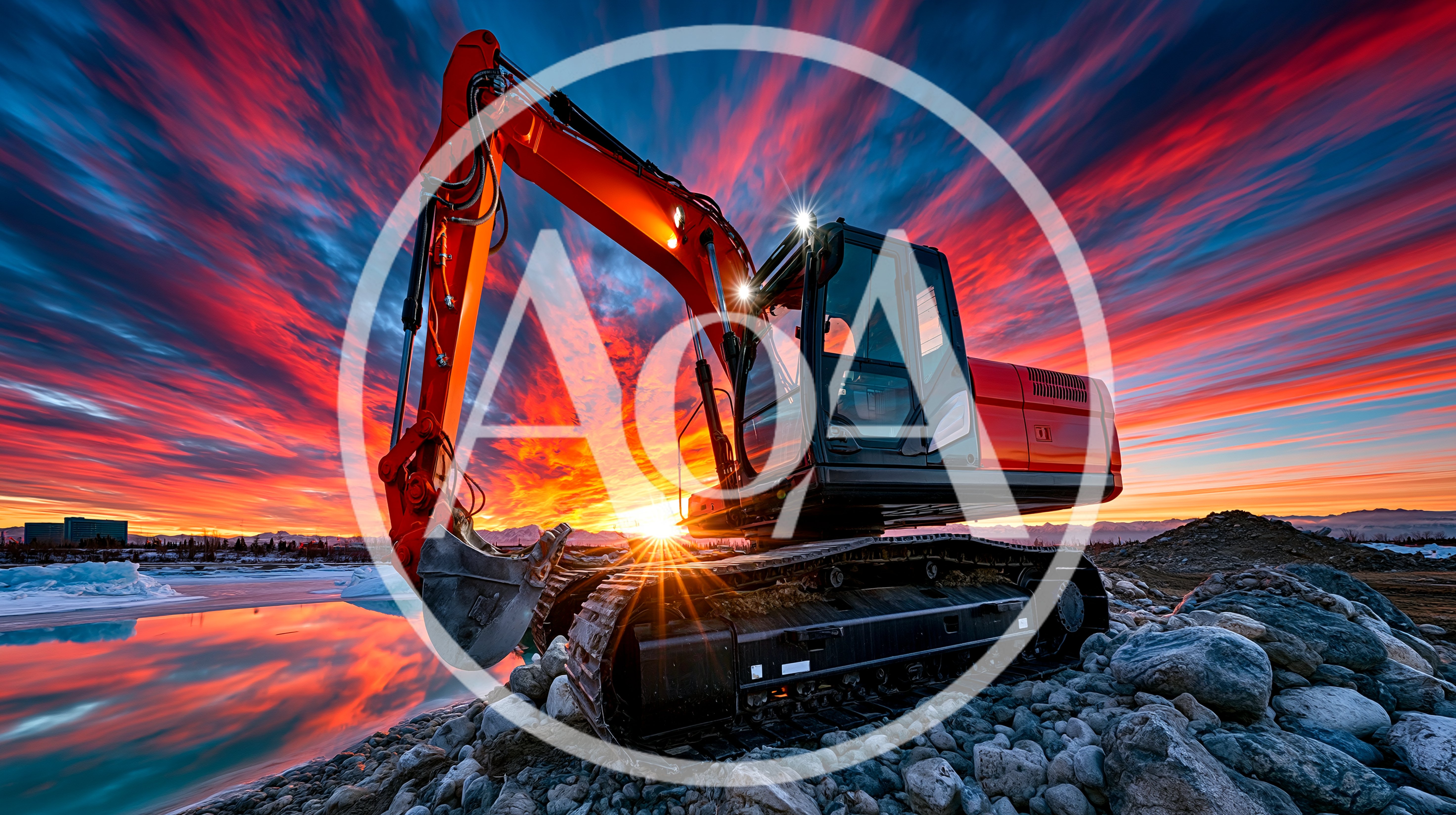 Orange Excavator Parked On Rocky Terrain At Sunset