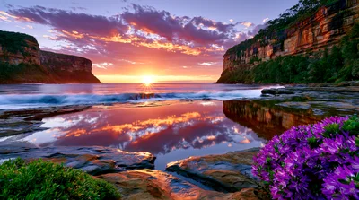 Stunning Sunset Over Coastal Cliffs And Tidal Pool
